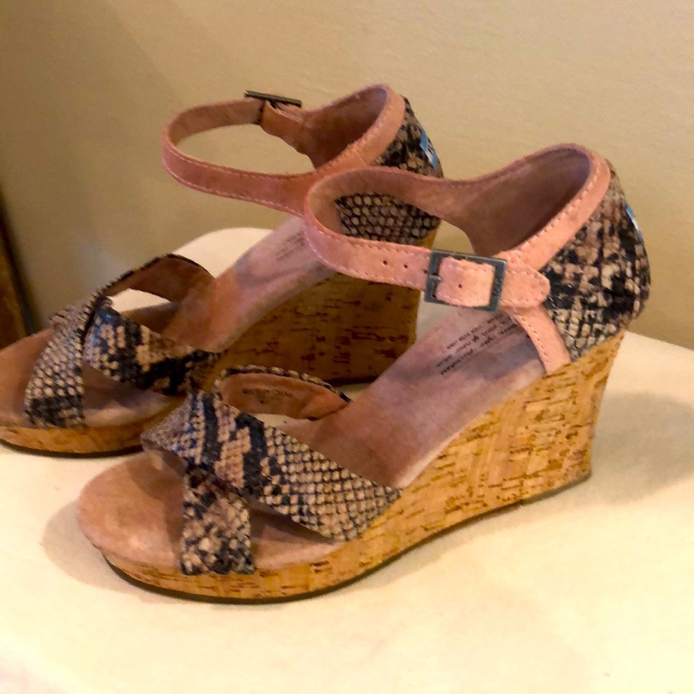 Tom’s pink and snakeskin suede wedges. size 8